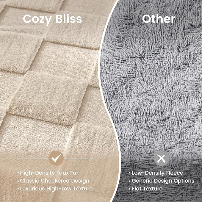 Cozy Bliss Checkered White Faux Rabbit Fur Throw Blanket, Soft Fuzzy Fluffy Minky Cream Furry Blankets for Couch, Bed (Tan, Queen(90" x 90")