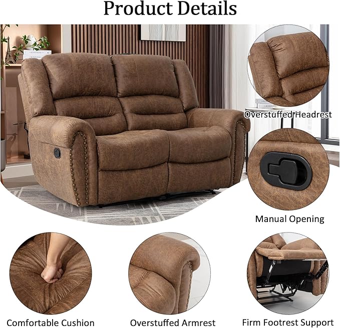 CANMOV Faux Leather Manual Recliner Sofa Set, Manual Recliner Chair, Reclining Loveseat and 3-Seat Sofa for Living Room,Bedroom Furniture, Office,Nut Brown