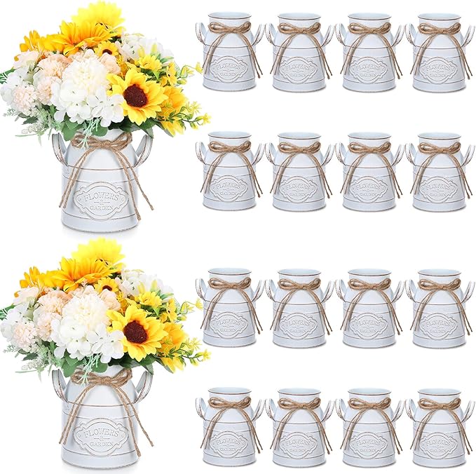 6 Inch Farmhouse Vase Decor Milk Can Vintage Flower Jug Galvanized Metal Vase with Handle Rustic Flower Buckets for Thanksgiving Christmas Table Centerpiece Weddings Gifts(Retro White,16 Pcs)