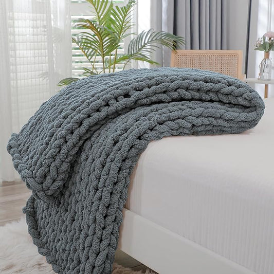 Bigacogo Chunky Knit Throw Blanket for Couch, 40x60 inches, 100% Hand Knitted with Thick Jumbo Chenille Yarn, Cozy Soft Large Rope Knot Cable Crochet Blankets for Sofa Bed Living Room, Iron Gray