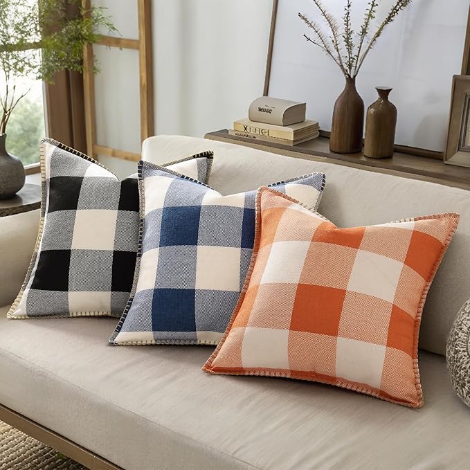 decorUhome Buffalo Plaid Check Throw Pillow Covers 16x16 Set of 2, Outdoor Decorative Farmhouse Neutral Pillow Covers with Stitched Edge for Bed Couch Sofa, Navy Blue and White