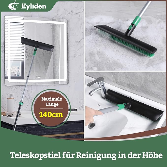 Eyliden X-Large Floor Scrub Brush, 2 in 1 Scrape Brushes with Rubber Squeegee | 55.3" Long Handle, 15" Wide Stiff Bristle Head | Floor Scrubber for Deck Kitchen Shower Bathroom Tub Tile Patio Wall