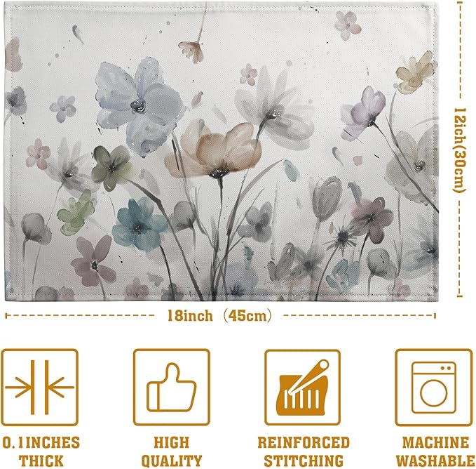 Flower Placemats Set of 4 Brown Cream Grey Poppy Flowers Table Mats Watercolor Rustic Vintage Floral Place Mat Farmhouse Linen Fabric Placemat for Party Kitchen Dining Outdoor Indoor Decor 12x18 Inch