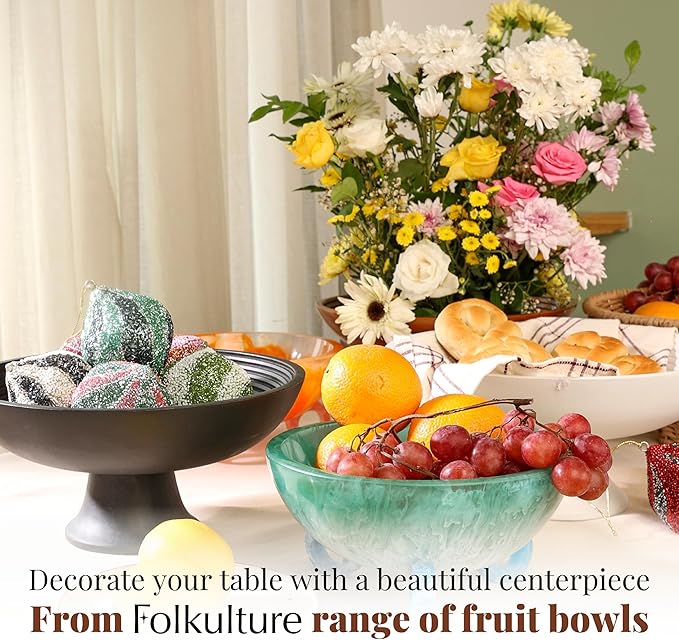 Folkulture Wooden Fruit Bowl for Kitchen Counter | 12" Large Premium Eco Friendly Banana Fruit Basket for Kitchen | Black Wood Bowl with Holder, Pedestal for Table Decor, Centerpiece for Dining Table