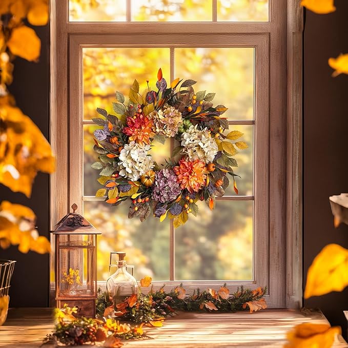 24Inch Fall Wreaths for Front Door,Fall Wreath with Beige Hydrangea,Orange Dahlia Artificial Flowers,Pumpkins,Autumn Wreaths for Harvest Thanksgiving Halloween Indoor Outdoor Home Decor