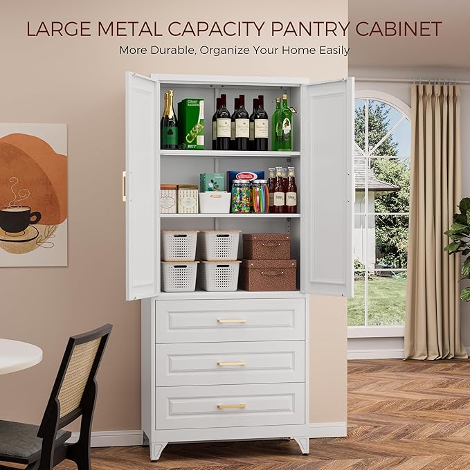 75" Kitchen Pantry Cabinet, Metal Storage Cabinets with Doors and Adjustable Shelves, White Tall Pantry Cabinet with 3 Drawers for Dinning Living Room