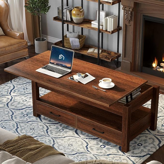 Rolanstar Coffee Table, 47.2" Lift Top Coffee Table with Drawers and Hidden Compartment, Retro Central Table with Wooden Lift Tabletop, for Living Room,Espresso