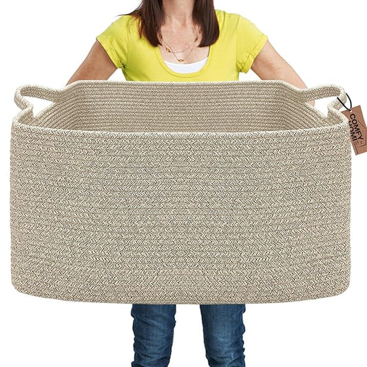 COMFY-HOMI Large Rectangular Blanket Basket, Woven Cotton Rope Baskets for Storage, Laundry Hamper Basket, Storage Bin,Toy Organizing Bin with Handle, Organization and Storage-22x15x12”-Brown