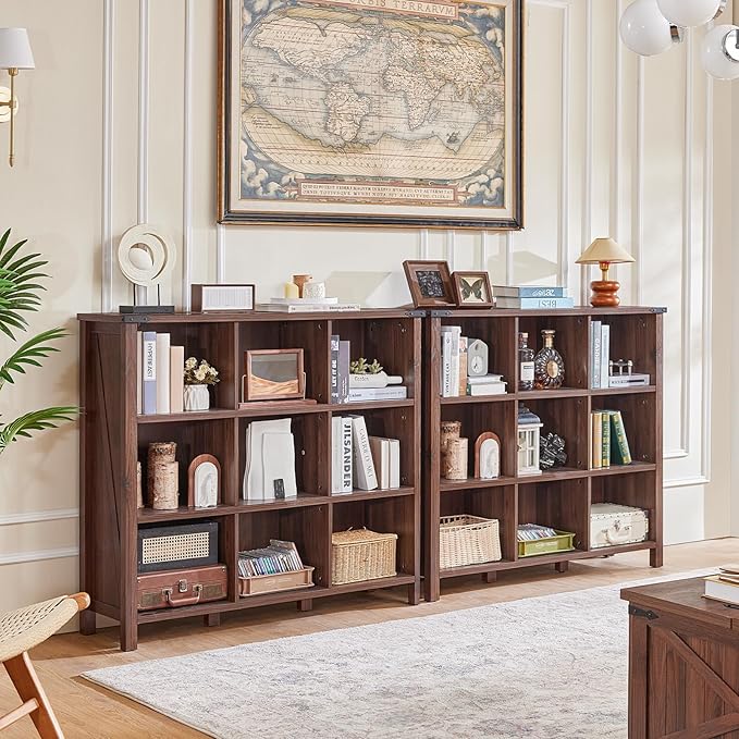 9 Cube Bookcase, Farmhouse 47 Inch Wide Brown Walnut Bookshelf, Wooden 3 Tier Display Large Open Book Shelf, Vintage Horizontal Book Case for Home Office, Cubby Storage Cabinet for Living Room