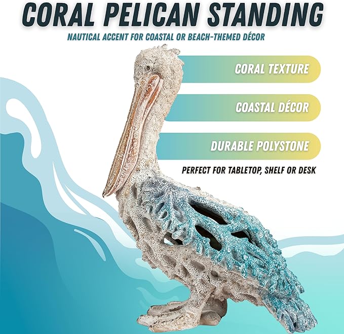 Blue Pelican Standing Figurine 13.75” Coastal Coral Reef Home Decor Nautical Beach Statue for Tabletop Shelf or Mantel Ocean Inspired Room Accents
