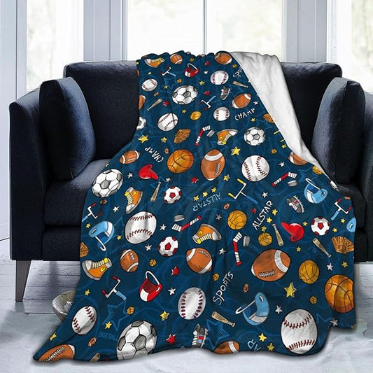 Baseball Football Basketball Sport Theme Throw Blanket 50x40 Inch Soft Fleece Blanket Men Women Gift for Kids Boys Girls for Party Couch Sofa Bed Deco Blankets