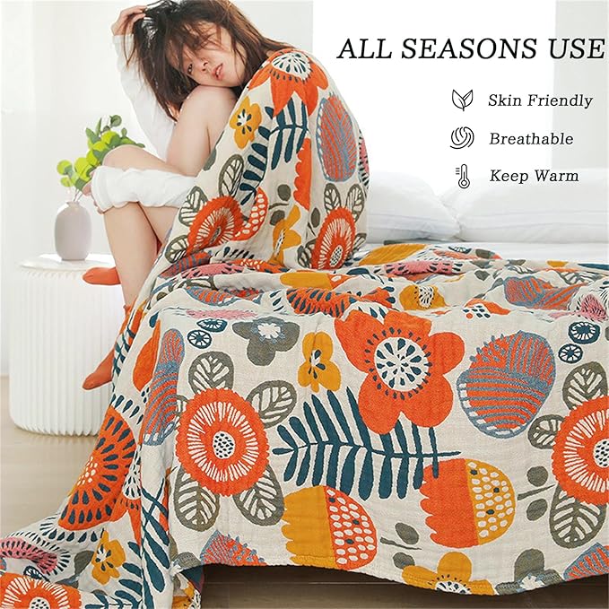 Throw Blanket Queen Size Summer Blanket for Couch Bed 80''x90'',100% Cotton Woven Muslin Blankets Travel Soft Warm Mexican Blanket Boho Quilt Home Decor for Women