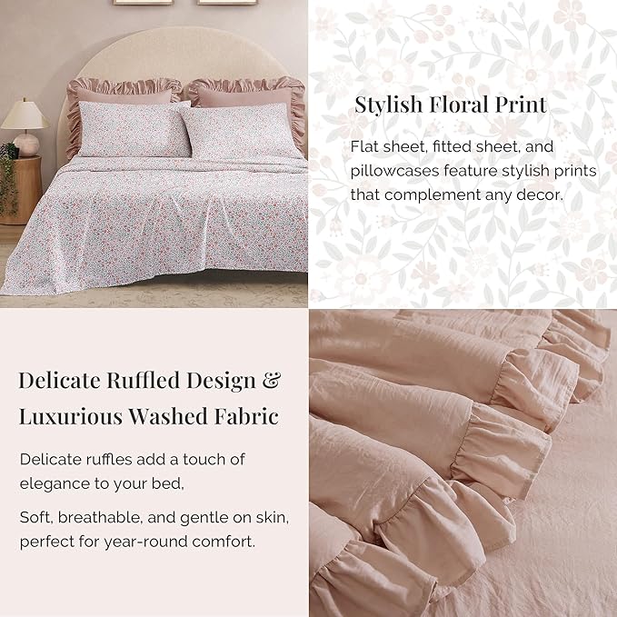 Full Comforter Set - 7 Pieces Ruffle Pink Bedding Sets, Shabby Chic Farmhouse Bed in a Bag Full with Ruffle Comforter, Floral Sheets, Pillowcases & Shams