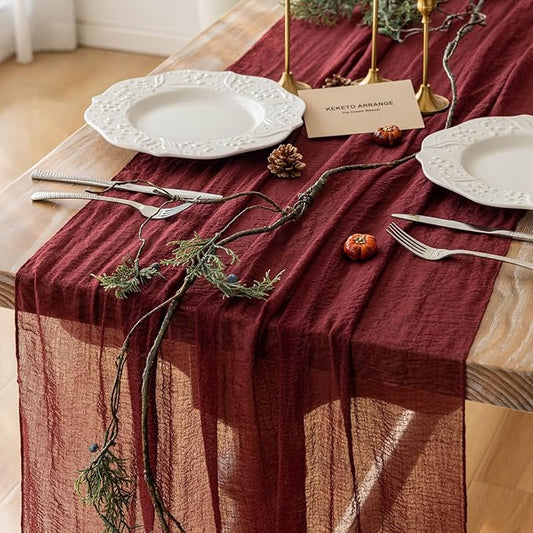 Burgundy Table Runner Red Cheesecloth Gauze 120 Inch 10 FT Rustic Boho Cheese Cloth Runner for Wedding Baby Shower Bridal Shower Birthday Party Long Sheer Home Decorations