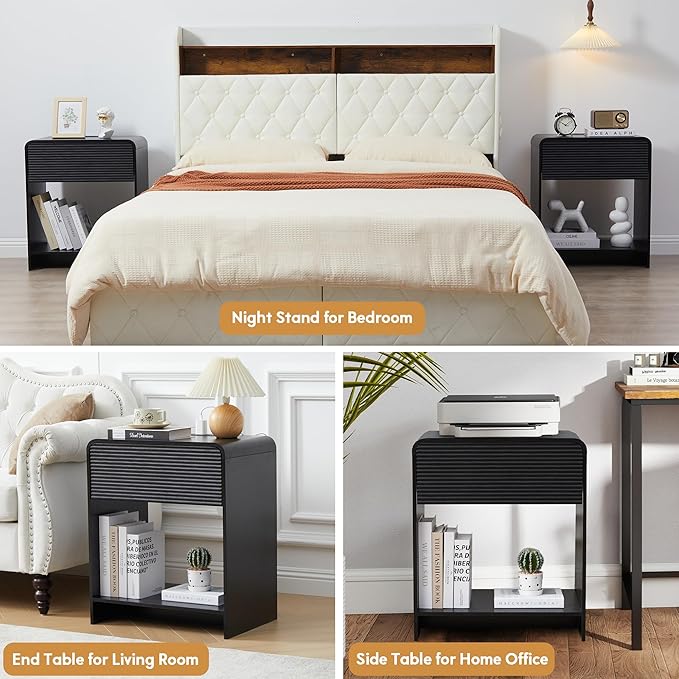 Fluted Nightstand with Charging Station, Mid Century Modern Bed Side Table End Table with Drawer Storage, Large Wooden Night Stands Bedside for Bedroom Living Room Sofa Office, Black