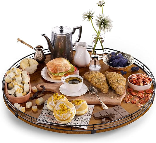 Farmhouse Oak 21" Lazy Susan Turntable Organizer for Cabinet, Round Wooden Lazy Susan Organization and Storage for Dining Table, Pantry, Kitchen, Countertop, Cupboard,Home Decor, Walnut (21)