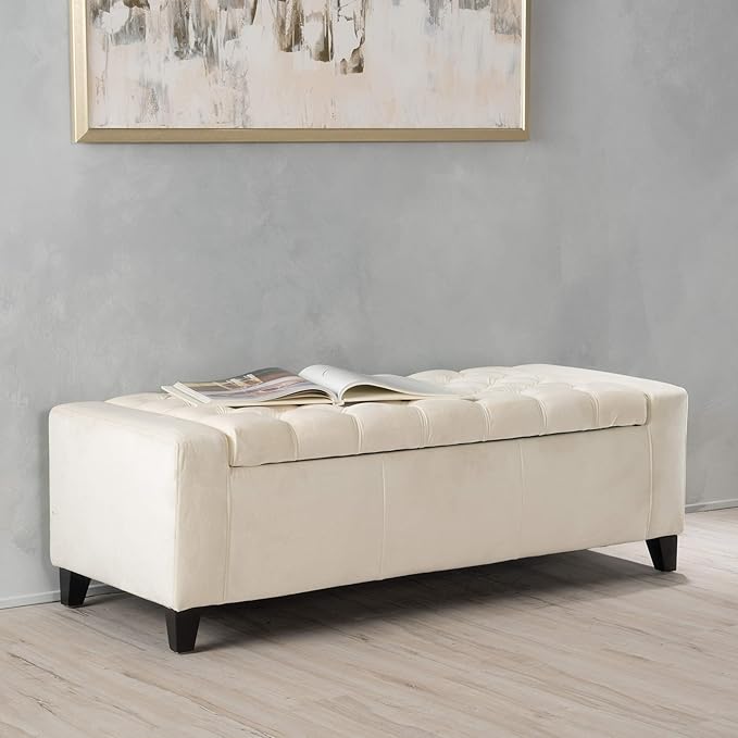Christopher Knight Home Hikaru Velvet Storage Ottoman, Ivory 19.75”D x 50.00”W x 17.48”H