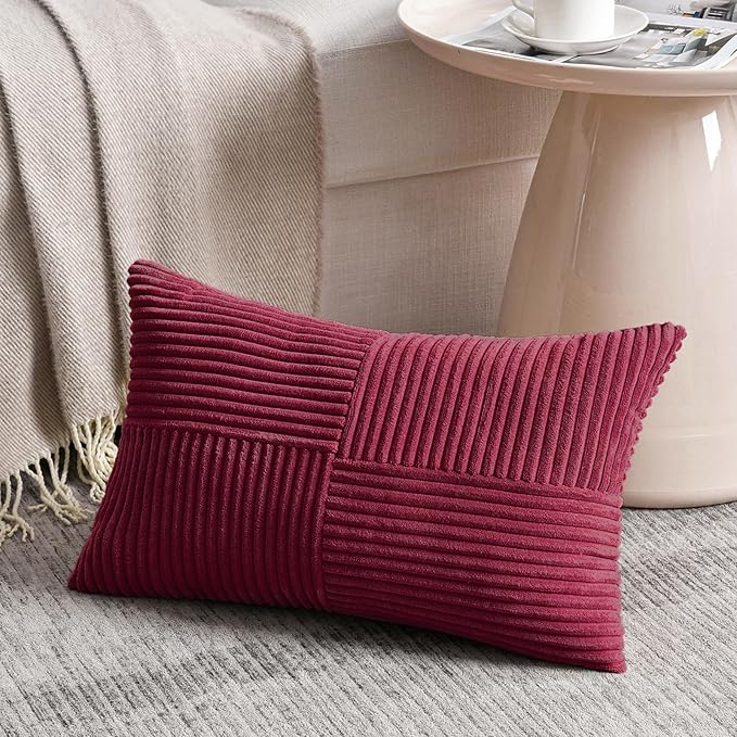 Fancy Homi 2 Packs Burgundy Lumbar Decorative Throw Pillow Covers 20x28 Inch for Living Room Couch Bed, Farmhouse Boho Home Decor, Soft Striped Corduroy Rectangle Accent Cushion Case 50x70 cm