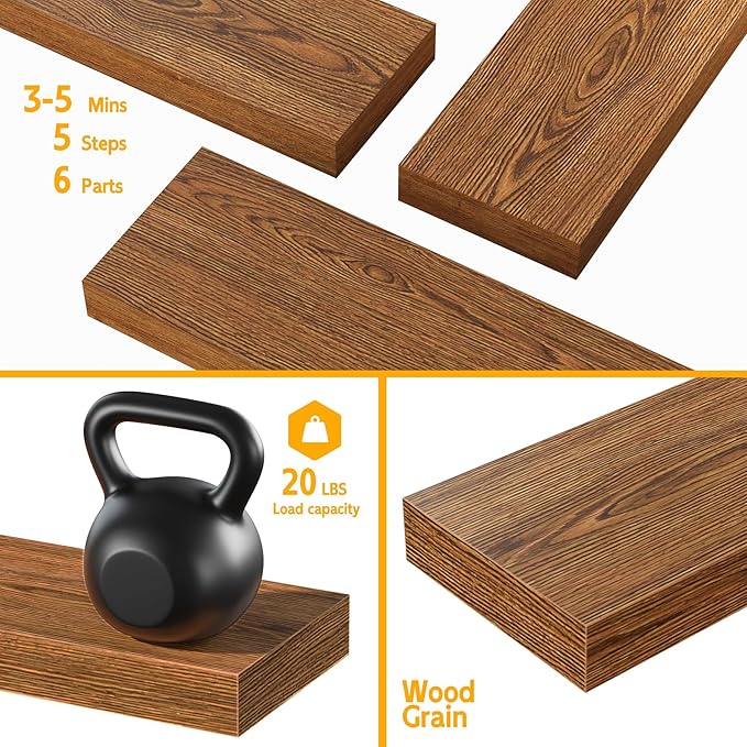 BAMEOS Floating Shelves,40 in W x 8in D Wall Mounted Wooden Shelves with Invisible Brackets Set of 3, Hanging Wall Shelves Decoration for Bedroom, Bathroom, Living Room and Kitchen