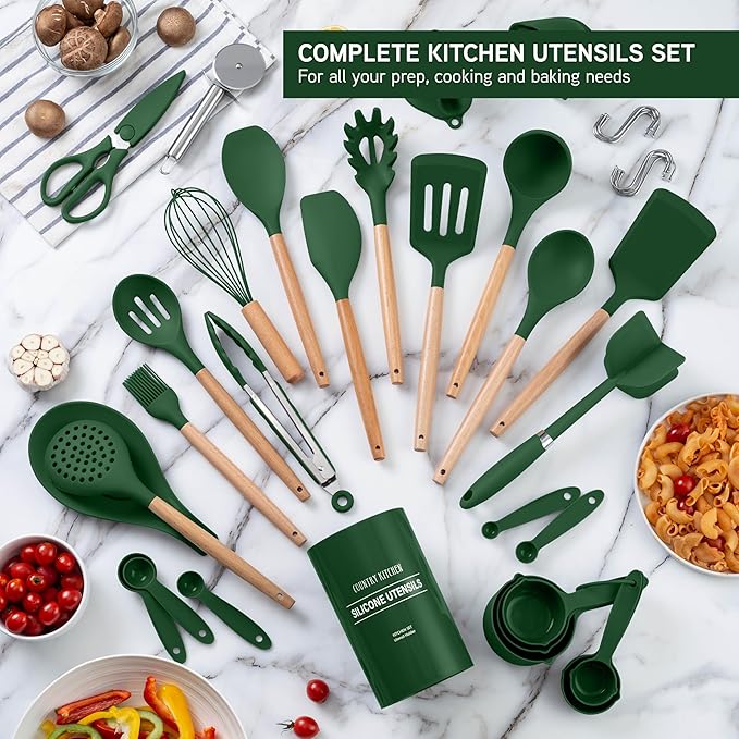 Country Kitchen Non Stick Silicone Utensil Set with Rounded Wood Handles for Cooking and Baking, 38 Piece Set, Green