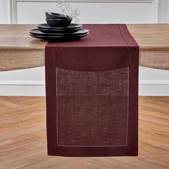 Solino Home Linen Table Runner 60 Inches - 100% Pure Linen Burgundy Hemstitch Table Runner 14 x 60 Inch Ideal for Dresser and Coffee Tables - Fall, Autumn, Thanksgiving - Classic Hemstitch