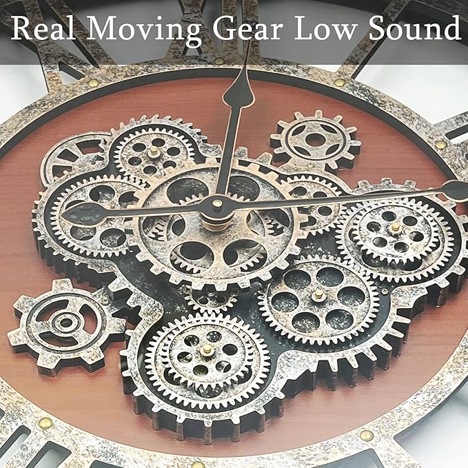 30Inchs Moving Gears Wall Clock, Oversized Wall Clocks, Clock Living Room Decor, Solid Wood Frame, Battery Operated, Large Wall Clock with Steampunk Industrial for Fireplace(Black Walnut)