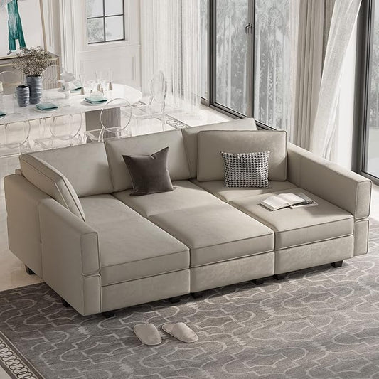 Belffin Modular Velvet Sectional Sofa with Chaise Lounge Sectional Sleeper Sofa with Storage Chaise Bed Couch for Living Room Grey