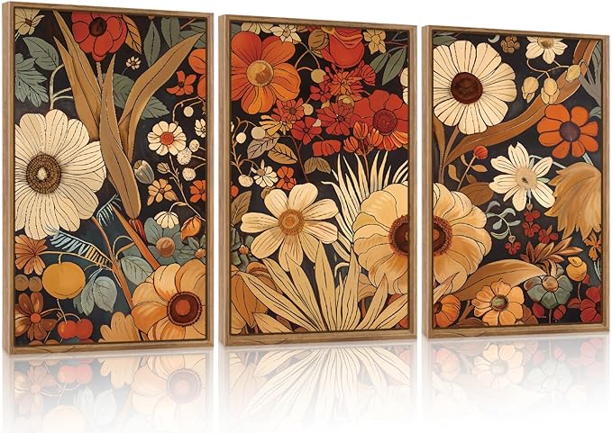 Aurlan Boho Burnt Orange Terracotta Wildflowers Framed Wall Art(24"x36"), 3 PCS Abstract Floral 3D Textured Canvas Artwork, Large Modern Vintage Botanical Nature Art Wall Decor for Home Office Living Room Bedroom