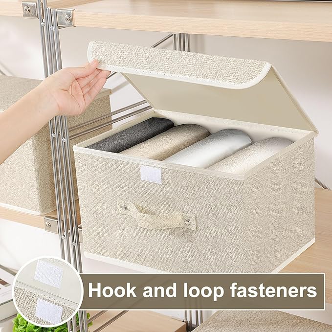 Fabric Storage Bins Cube Organizers with Flip-Top Lid and Handles,Storage Boxes for Organizing Home,Office,and Closet,Grey and Beige,3 Pack 13 X 9.1 X 7.9 in