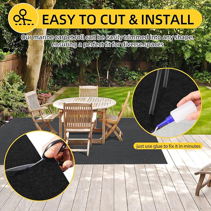 Marine Carpet,5 FT x 10 FT Black Indoor Outdoor Carpet 0.2" Thick Boat Carpet with Water-Proof TPE Backing, Non-Slide Outdoor Marine Carpet Roll for Home, Patio, Porch, Deck