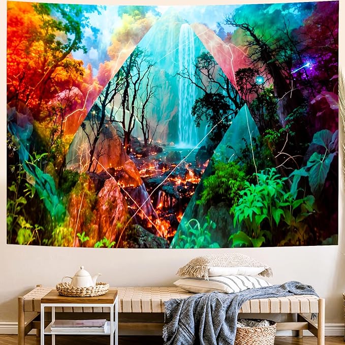 Delur Forest Tapestry Waterfall Mountain Rainforest Sunset Nature Tree Tapestry Wall Hanging Scenic Tropical Landscape Natural Sunrise Headboard for Bedroom Living Room Home Decor (70.8" x 92.5")