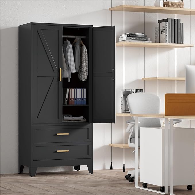 71'' Farmhouse Metal Wardrobe Cabinet with Hanging Rod, 2 Barn Door Wardrobe Closet with Adjustable Shelves,2 Drawer,for Dining Room,Bedroom,Living Room, Cloak Room,Office (Black)