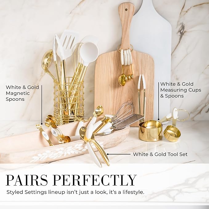 White Silicone and Gold Cooking Utensils Set with Gold Utensil Holder - 7-Piece Silicone Cooking Tools - Ideal for Nonstick Cookware and Stylish Modern Kitchens - Luxury Kitchen Accessories