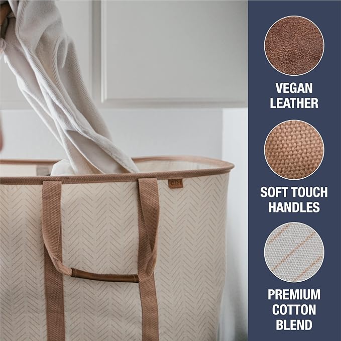 CleverMade Collapsible Laundry Tote - LUXE Mocha 2-Pack 50L - Foldable Storage Organization Container for Clothes Laundry Room Storage Solution