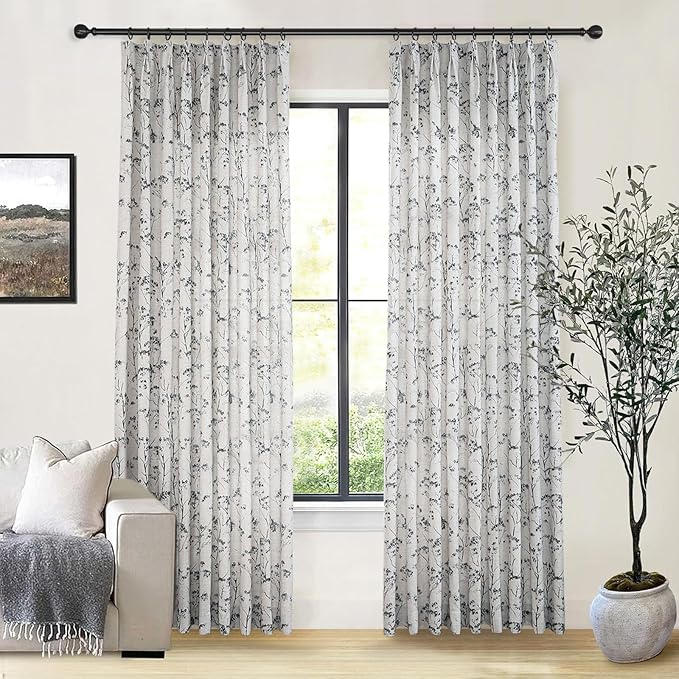 Pinch Pleated Floral Linen Curtains 2 Panels Elegant Light Filtering Privacy Drape,72 Inch Wide by 84 Inch Long Curtains Suitable for Living Rooms and Bedrooms