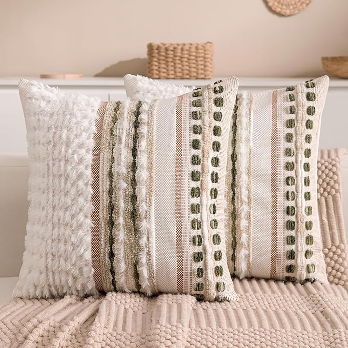 Boho Chenille Tufted Couch Throw Pillow Covers 18x18 Inch Set of 2 Farmhouse Striped Decorative Pillow Covers Accent Neutral Square Pillowcase Green Cushion Covers for Livingroom Sofa Bed