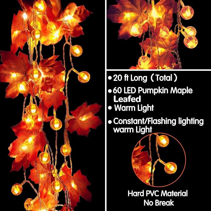 2 Pack Fall Garland with Pumpkin Lights Halloween Decorations Indoor 60 LED 20 Ft Enlarged Maples Leaves Fall Lights Battery Operated Halloween Garland Thanksgiving Decor Home Indoor Outdoor Christmas
