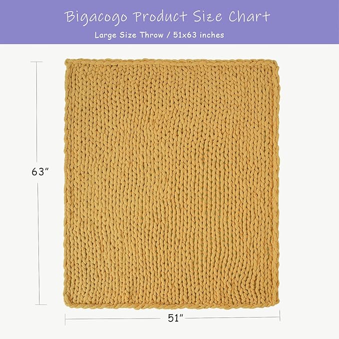 Bigacogo Chunky Knit Throw Blanket for Couch, 51x63 inches, 100% Hand Knitted with Thick Jumbo Chenille Yarn, Cozy Soft Large Rope Knot Cable Crochet Blankets for Sofa Bed Living Room, Mustard Yellow