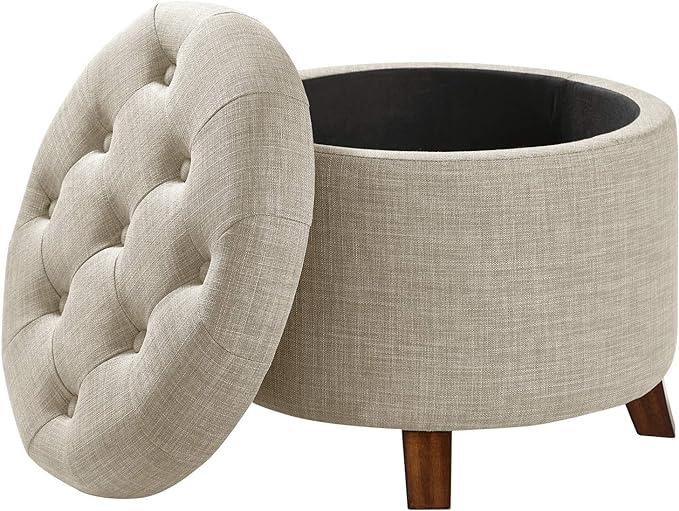 Amazon Basics Round Linen Ottoman with Storage, Tufted Upholstered Footstool for Living Room and Bedroom, 20" x 17", Linen Burlap Beige