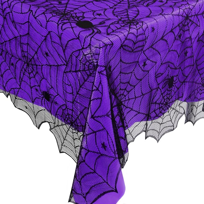 2Pcs Halloween Tablecloths, Black Lace & Purple Lined Rectangular Table Cloth, Spider Web Table Cover for Scary Halloween Decorations Indoor, 54 x 72 Inch