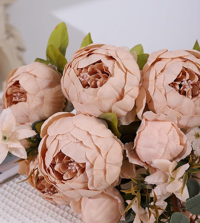 Duovlo Artificial Peony Silk Flowers Fake Flowers Vintage Wedding Home Decoration,Pack of 1 (Light Champagne)