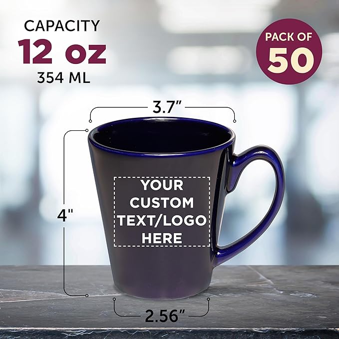 DISCOUNT PROMOS Custom Glossy Ceramic Latte Coffee Mug 12 oz. Set of 50, Personalized Bulk Pack - Perfect for Tea, Espresso, Cappuccino, Hot Cocoa - Blue