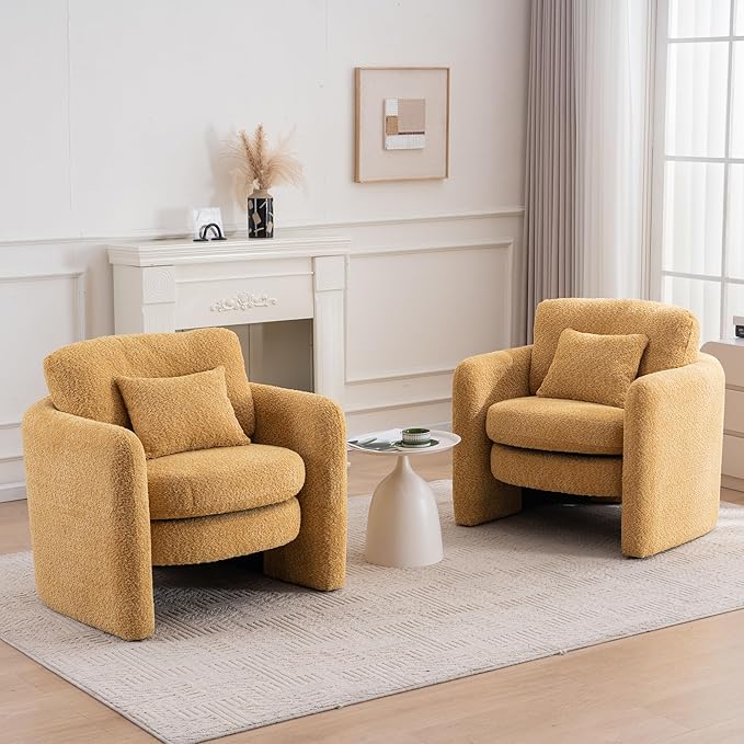 Chenille Accent Armchair Oversize Upholstered Barrel Comfy Modern Round Lounge Sofa Chair with Pillow Cozy Reading Chairs for Apartment,Office,Living Room,Dining,Makeup,Club,Yellow 2SET