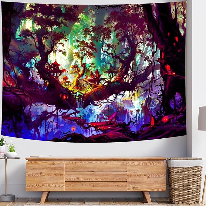 Delur Fantasy Forest Tapestry Mystical Landscape Magical Enchanted Forest Tree Nature Tapestry Psychedelic Wall Hanging Headboard for Bedroom Living Room Home Decor (70.8" x 92.5")