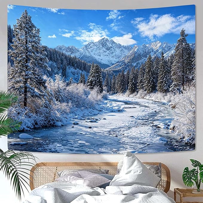 AMM Winter Forest Snow Mountain Tapestry Snowy Pine Tree Woodland Tapestry for Bedroom Aesthetic White Clouds Flowing River Landscape Tapestries Wall Hanging for Living Room Dorm Office 80 x 60 Inch
