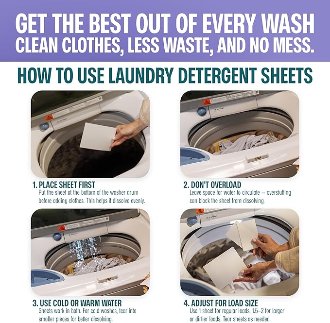 Sudstainables Laundry Detergent Sheets (60 Loads) – Eco-Friendly, Zero Waste, Plastic-Free Laundry Washing Machines Soap Sheets; Dissolvable, Space-Saving Strips for Travel (Lavender)