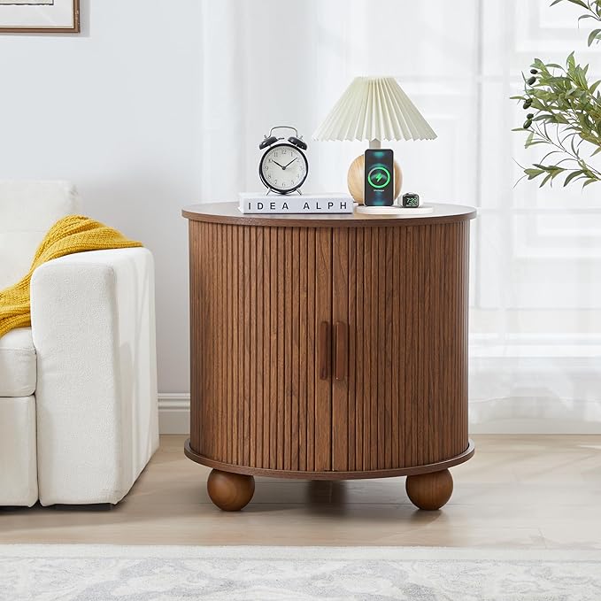 Farmhouse Round End Table with Charging Station, 24" Large Fluted Sofa Side Table with Sliding Tambour Door & Storage, Mid-Century Wood Nightstand for Living Room, Bedroom (Walnut)
