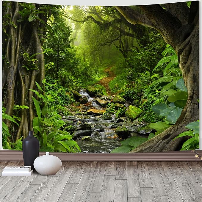 AMM Green Rainforest Tapestry Nature Forest Tapestry for Bedroom Aesthetic Misty Tropical Jungle Trees Flowing Stream Landscape Tapestries Wall Hanging for Living Room Dorm 48 x 36 Inch