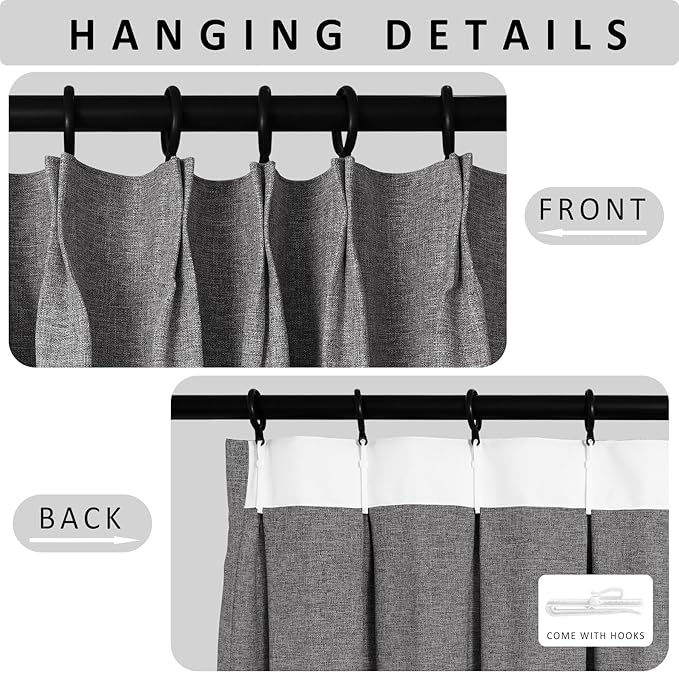Macochico Pinch Pleated Blackout Curtains 102 Inches Long 100% Light Blocking Gray Linen Drapes for Bedroom Living Room Farmhouse Shabby Chic Burlap Curtains with Tieback 72”Wx102”L 1 Panel