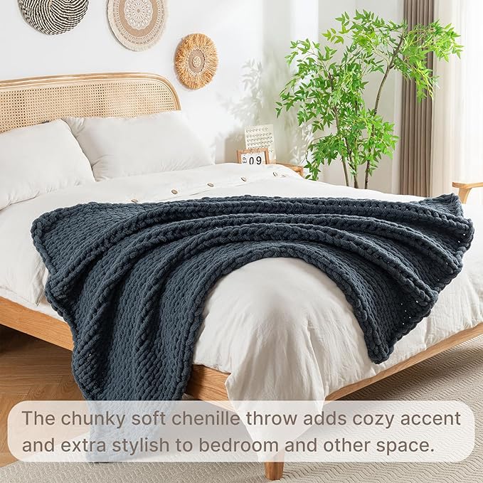 Chunky Knit Blanket Throw, 100% Hand Knit Throw Blanket Handmade Chenille Cable Knit Throw for Couch, Stylish Cozy Soft Rope Knot Crochet Blanket for Home Decor, Blue Mirage, 50x60 Inches